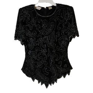 VINTAGE Lawrence Kazar Blouse Beaded Silk Short Sleeve 80s Black Evening Formal